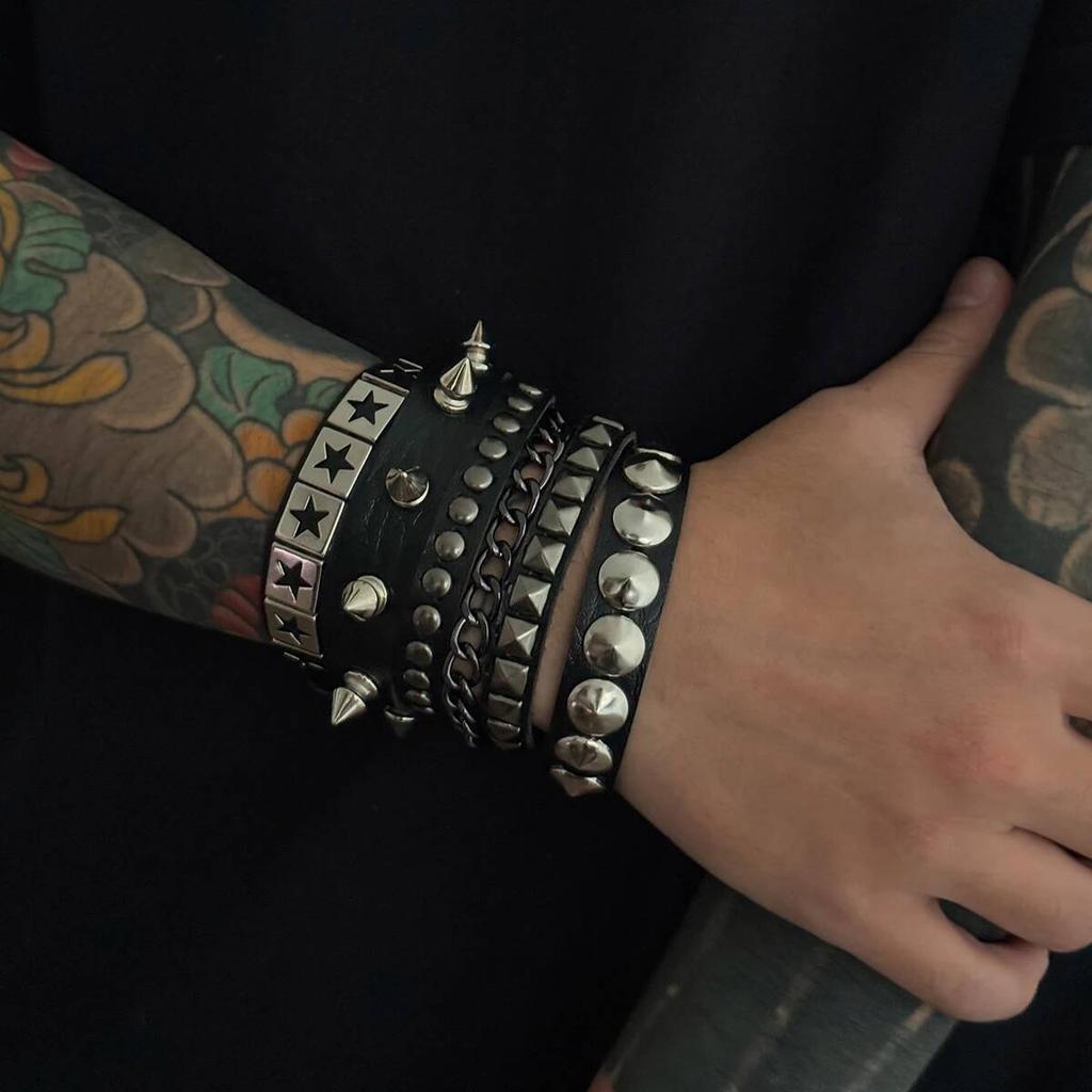 3Pcs/Set Hip Hop Spike Rivets PU Leather Bracelet for Men 2026 New Trend Goth Wristband Bangle Grunge Jewelry Steampunk