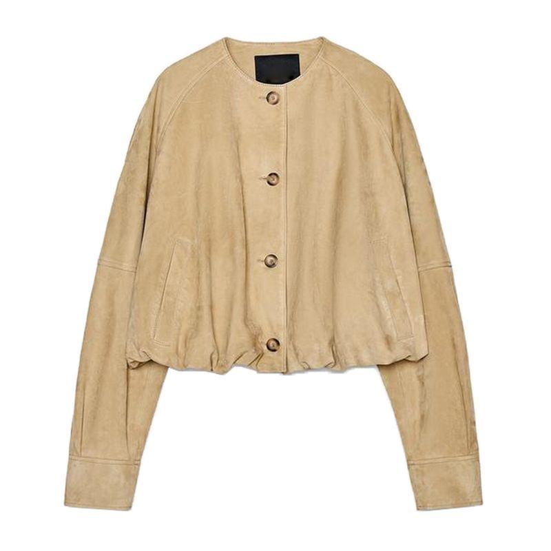 Fall Women's Clothing Balloon Hem Round Neck Long Sleeves Suede Textured Leather Jacket Outwear 3322043