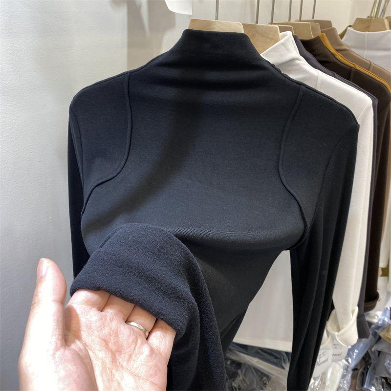 Cămașă de damă cu gât înalt, cu mâneci lungi, slim-fit, stil european, cu căptușeală din catifea germană periată pentru toamnă și iarnă