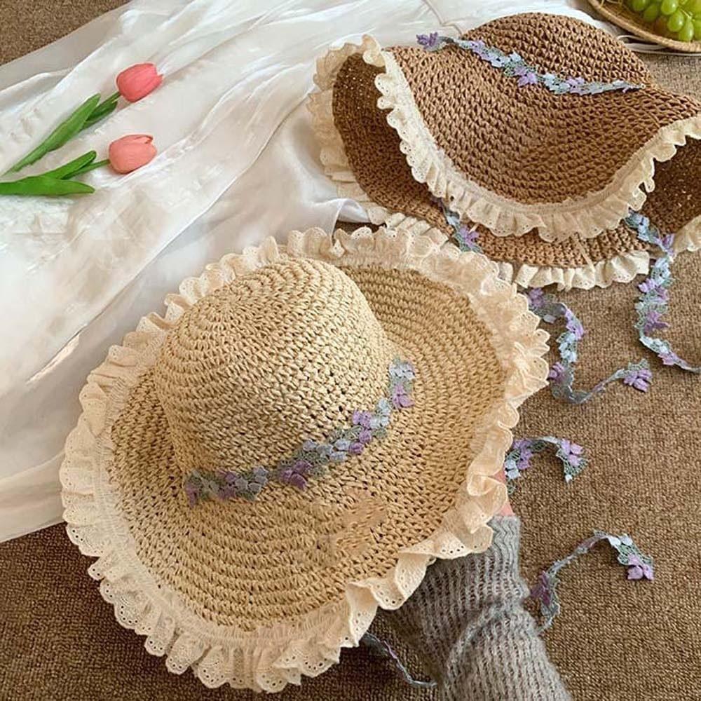 Solid Color Breathable Vacation Beach Cap with Garland Lightweight Big Brimmed Straw Hat Sombrero with Lace Woven Sun Cap Summer