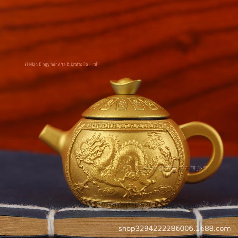 Brass Handle Rotating Dragon and Phoenix Mini Teapot for Mahjong Copper Crafts Gift