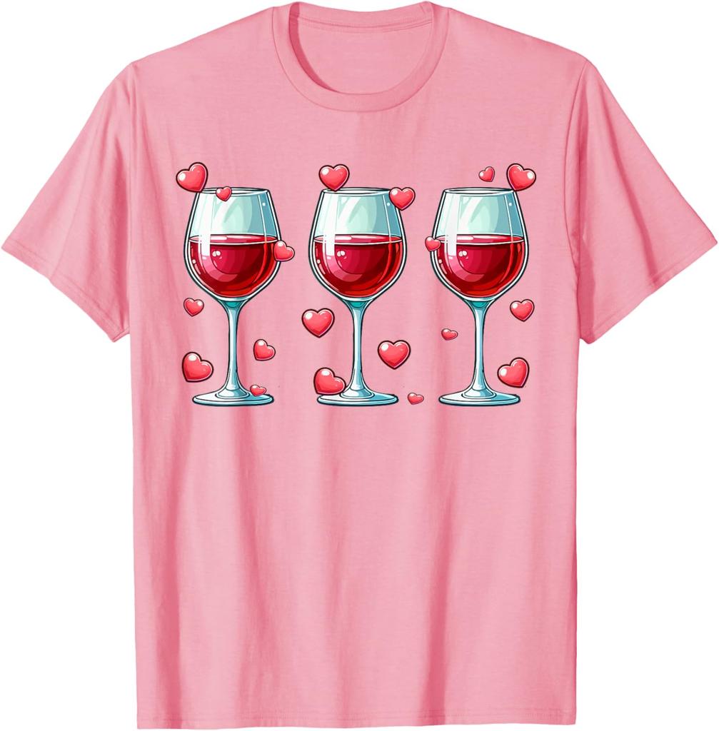 Red Wine Glasses Hearts Valentine Drinker Couple Lovers Graphic Tee Casual T-Shirt