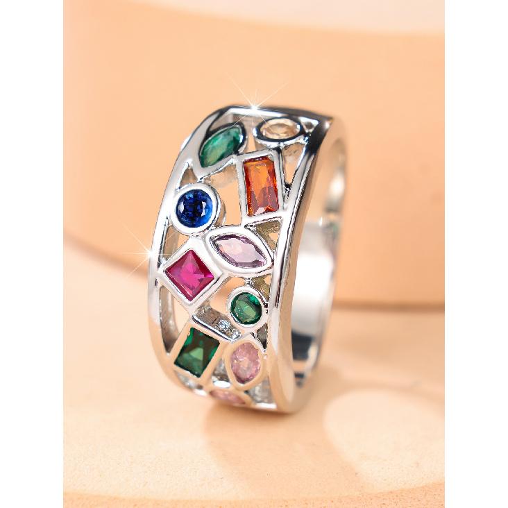 Niche design, multi-colored zirconia wide band ring Hollow-out rainbow diamond ring