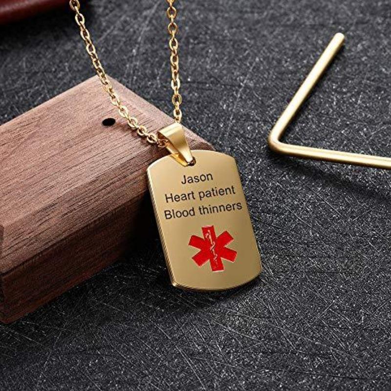 Custom Engraved Stainless Steel Medical Alert Id Tag Pendant Identification Necklace