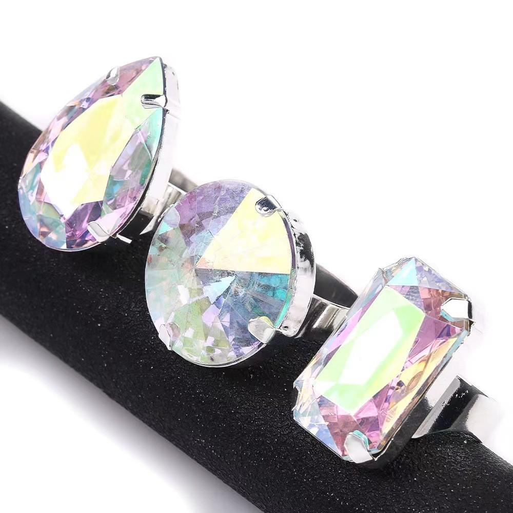 Minimalist Adjustable 3piece Water Drilled Geometric Ring Set For Women Colorful Silver