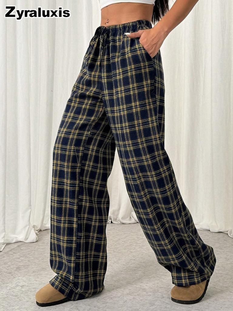 Autumn Winter New Fashion Casual Plaid Wide Leg Pants Women's School Season Christmas Daily Wear Outfit