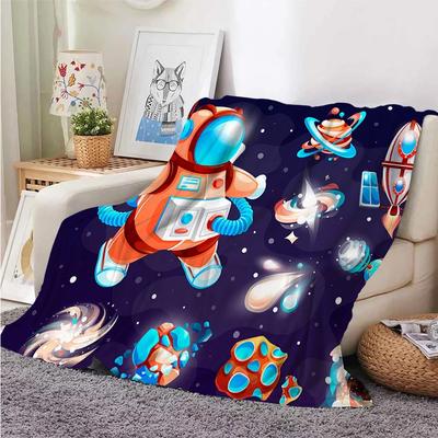 Children's Flannel Blanket Cartoon Astronaut Rocket 3D Printed Blanket Throw On Sofa Travel Couch Bed King Queen Size Super Soft