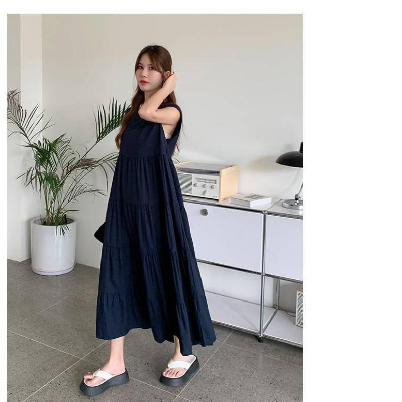 Patchwork Solid Color Long Skirt Sleeveless Commuter Crew Neck Dress