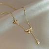 Edelstahl Exquisite Goldfarbe Zirkon Schleife Lange Anhänger Halsketten für Frauen Niedliche Korea Kragen Schmuck Geschenk Anlauffest