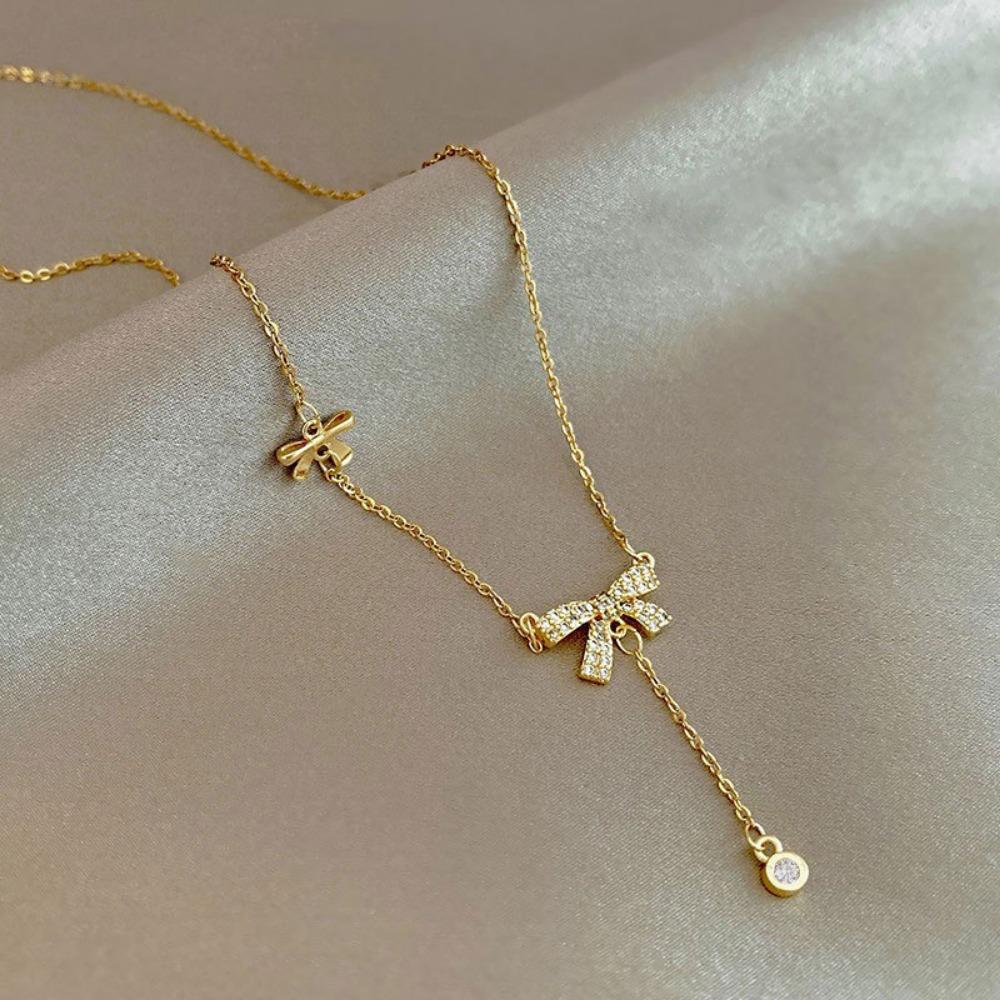Edelstahl Exquisite Goldfarbe Zirkon Schleife Lange Anhänger Halsketten für Frauen Niedliche Korea Kragen Schmuck Geschenk Anlauffest