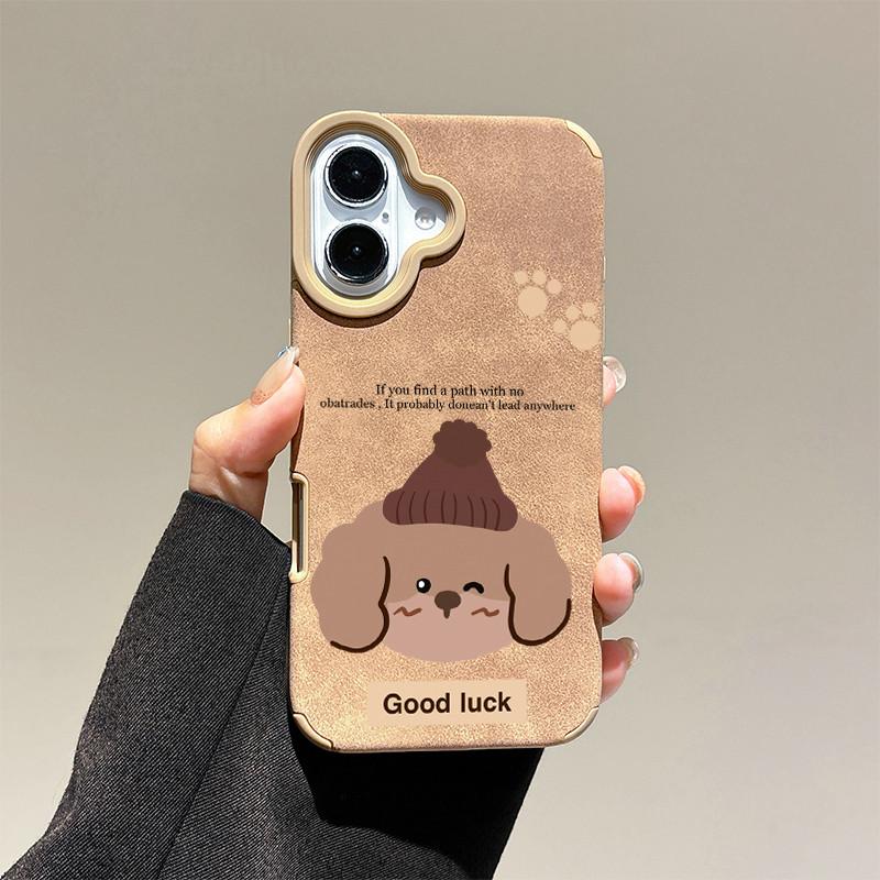 

Чехол из натуральной кожи с принтом Good Luch Puppy + ремешок на запястье, защитный чехол из мягкого силикона для iPhone iPhone 16 Pro Max золотой