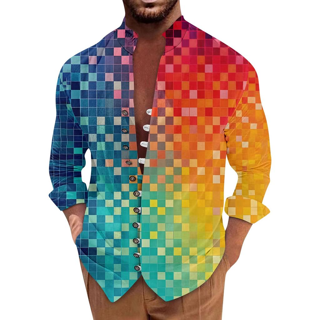 Men'S Retro Casual Loose Fitting Long Sleeved Printed Shirt Fashion Standing Collar Top