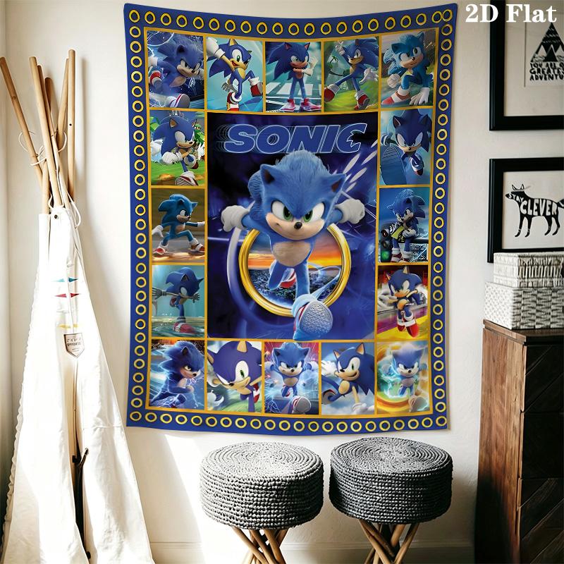 Sonic Collage Photo Wall Tapestry Multi Scene Character Grid Print Inspirational Quote Hanging Cloth Game Room Wall Decor