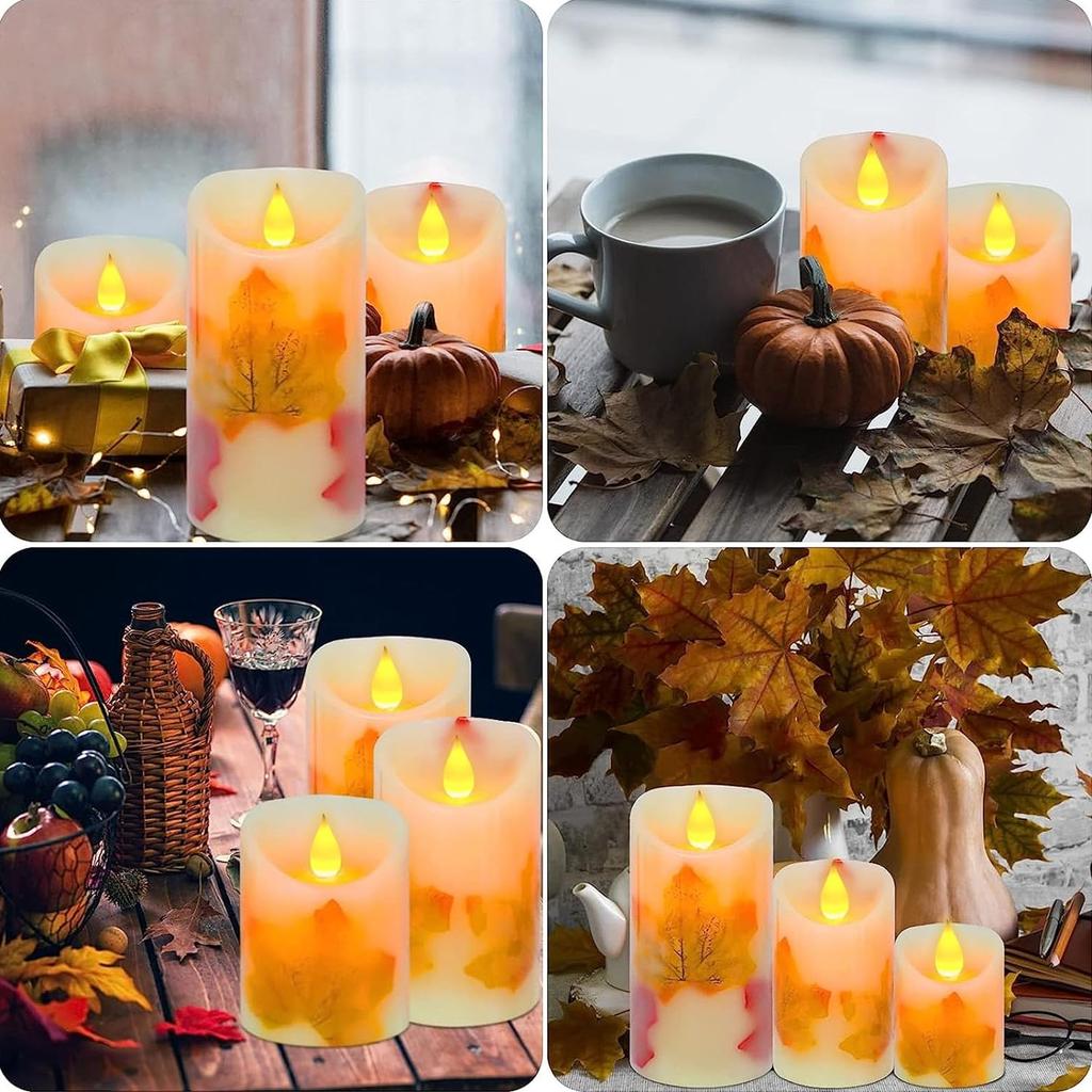 3Pcs Flameless Candle Light Maple Leaf Flickering LED Candles with Remote Timer Pillar Candles Battery Operated Electric Candles