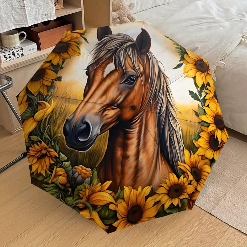 Sunflower Horse Art Print - Automatic Opening Umbrella with Foldable Design, Iron Frame, Outdoor, Festival Gift for Fans, Travelers, Daily U