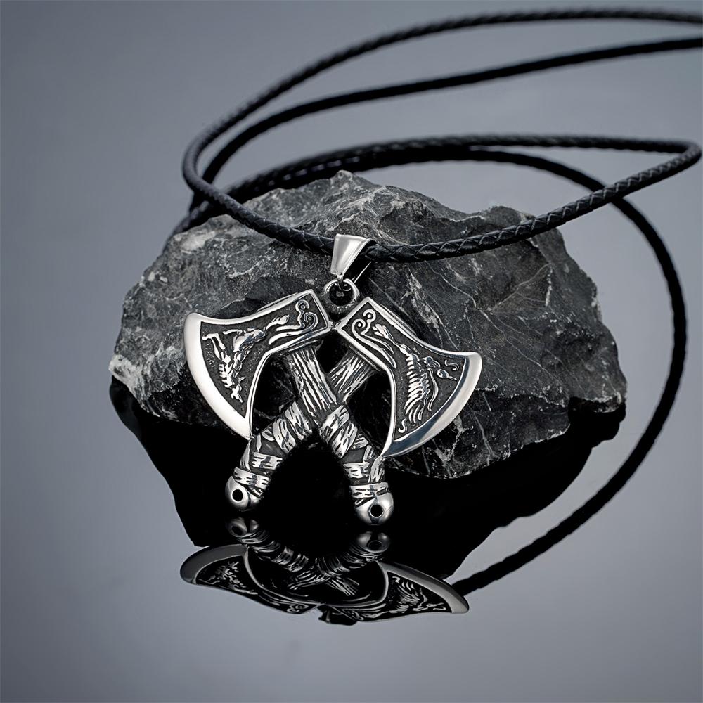 

Мужские ожерелья с двусторонним топором викингов из нержавеющей стали, скандинавский амулет-подвеска на кожаном шнурке, ювелирные изделия кельтского воина, подарок 60CM