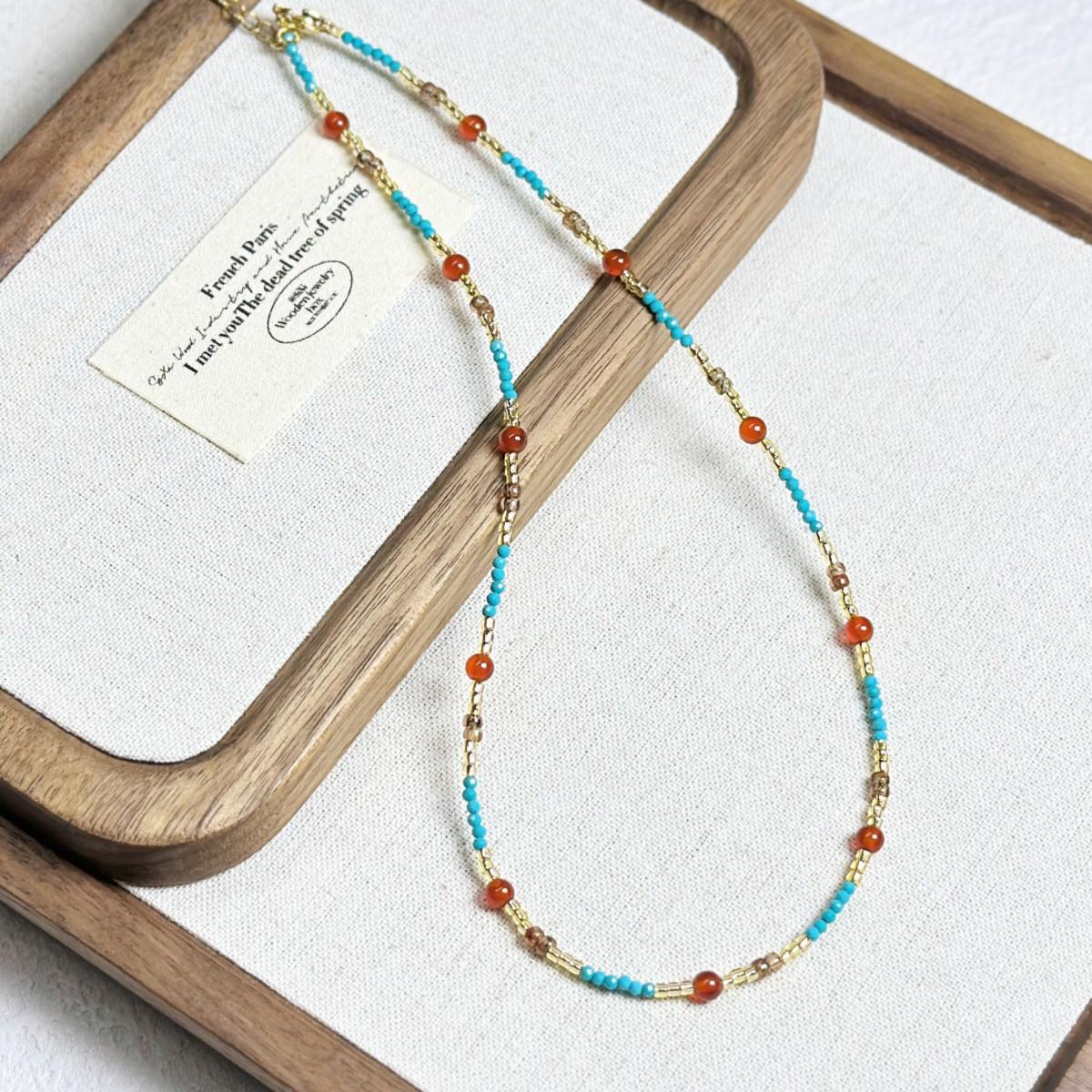 Retro Ethnic Style Color-Block Stone Beaded Necklace with Geometric Pendant