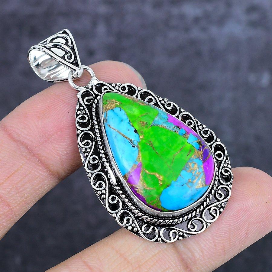 Natural Cotton Candy Turquoise 925 Sterling Silver Jewelry Pendant 2.21" ETC-14041