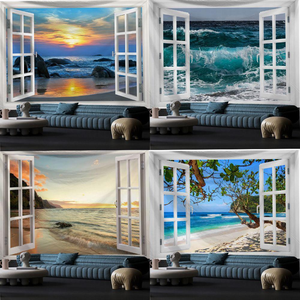 Window View Tapestry for Photography Background Fabric, Room Decorations Digital-printed Polyester Tapestries Living Rooms