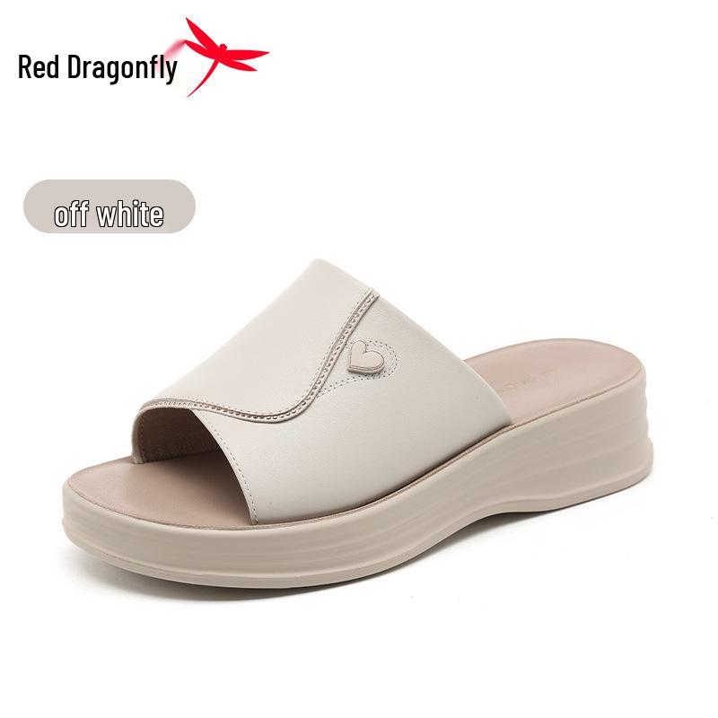 Women s Height-Increasing Leather Slippers, Red Dragonfly, Summer 2026, Thick-Soled, Soft Sole, Single Strap, Outdoor. 35