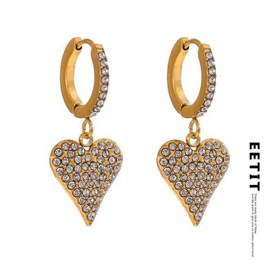 Luxury Shiny Cubic Zirconia Heart Love Drop Hoop Earrings for Women Stainless Steel Fashion Temperament Jewelry Gift