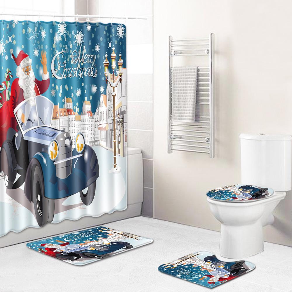 Christmas Home Door Mat Bathroom Toilet Shower Curtain Four-Piece Floor Mat Bedroom Absorbent Carpet