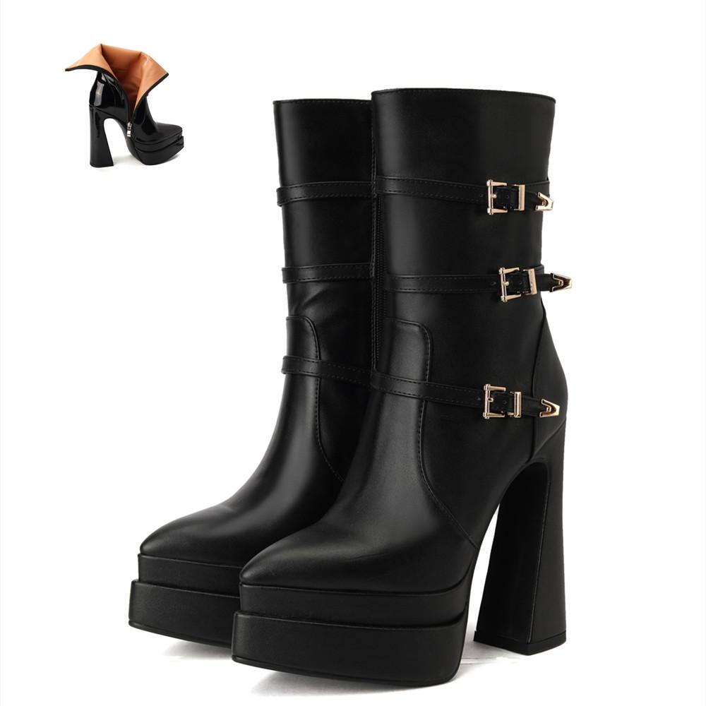 

Мода Мода Патентная кожа Женские ботильоны Осень Зима 14см Толстый Высокий каблук Платформа Металлическая пуговица Носок Обувь Размер43 Женская обувь 35