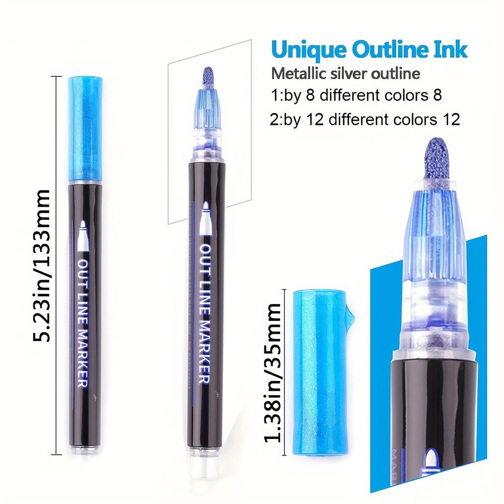 12pcs/8pcs Metal Flash Double Line Contour Pen | Color Flash Marking, Graffiti, DIY Art Craft, Gift Card Coloring, Holiday Gifts