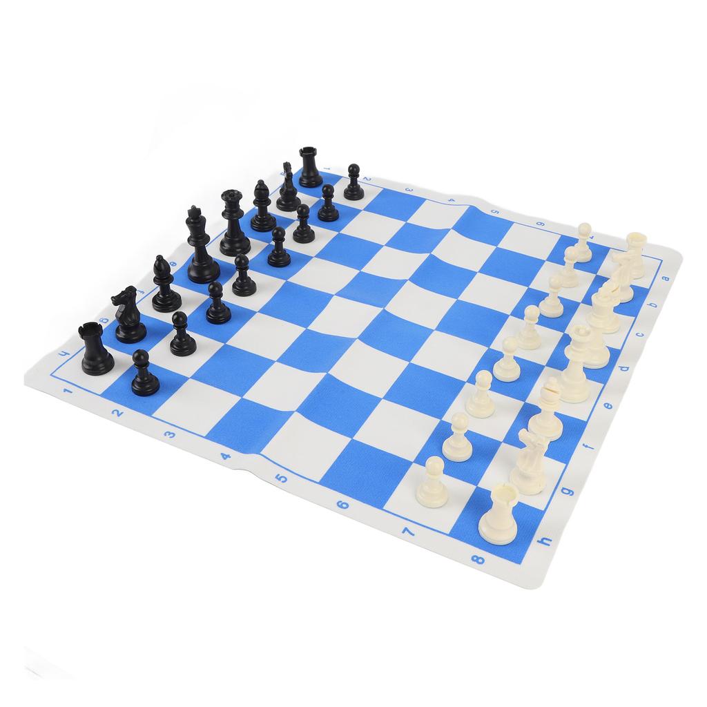 Chess Set with PU Blue White Chess Board 32pcs Plastic Chess Pieces Black Square Storage Bag Chess