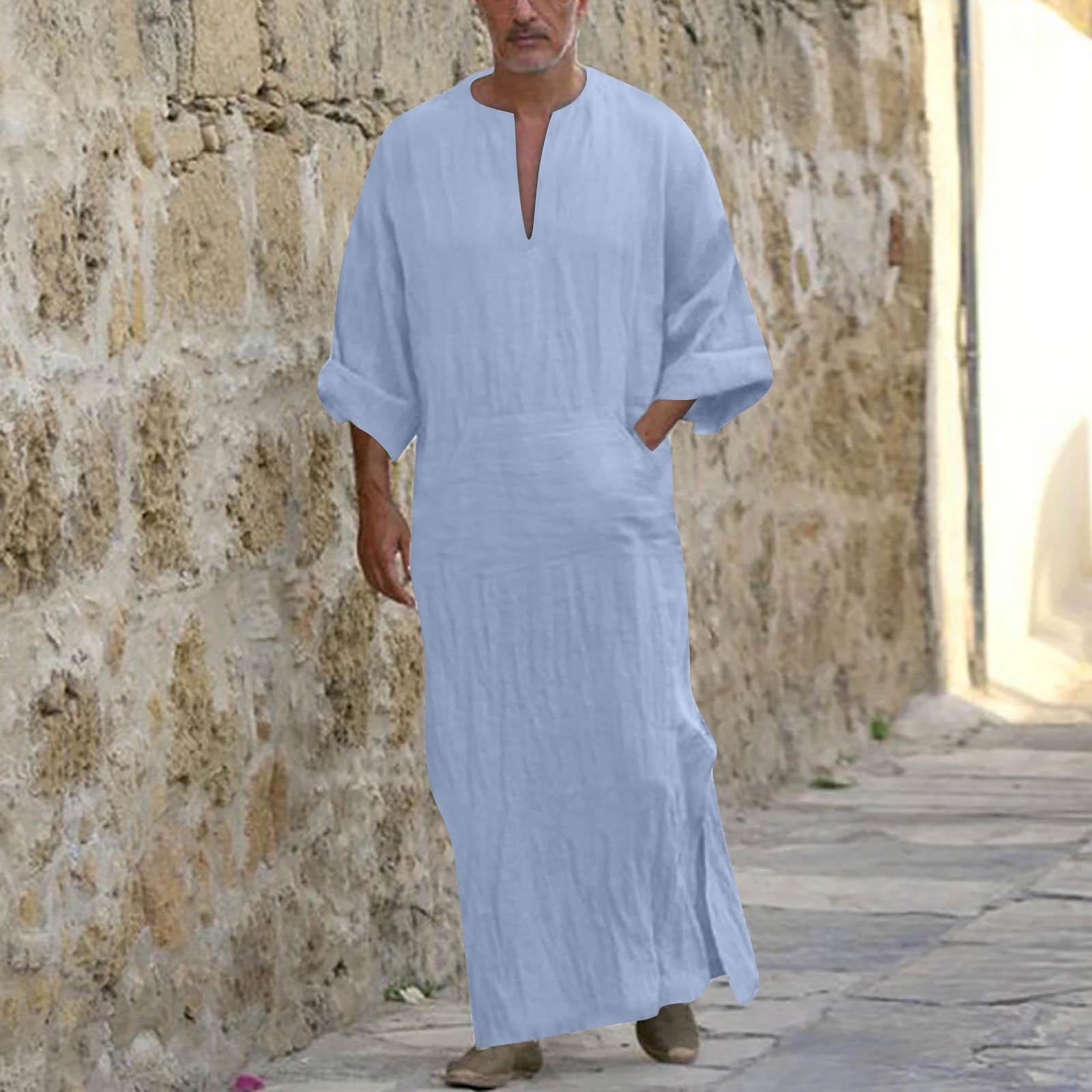 

Мужской льняной халат с v-образным вырезом и коротким рукавом, кафтан, длинное платье, повседневная рубашка для пляжа, лето S