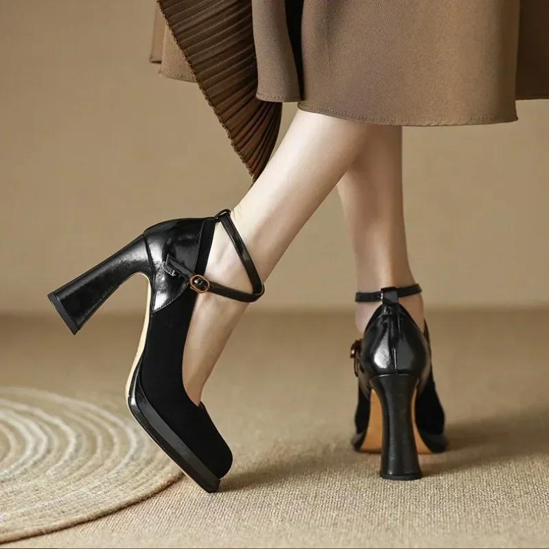 Shoes for Men Faux Suede Sexy Pumps Ladies Vintage Black Sandals Woman Office Buckle Non-Slip Casual Wedding Shoes Bride Heels