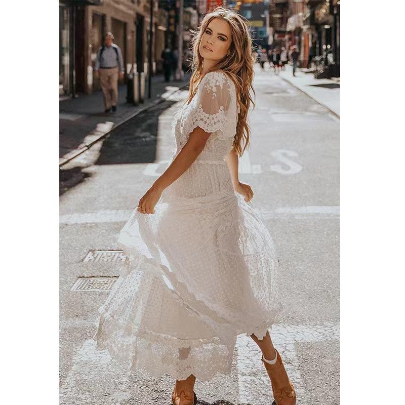Europe and the United States Summer Foreign Trade New Women's Clothing V-neck Short-sleeved Lace Dress