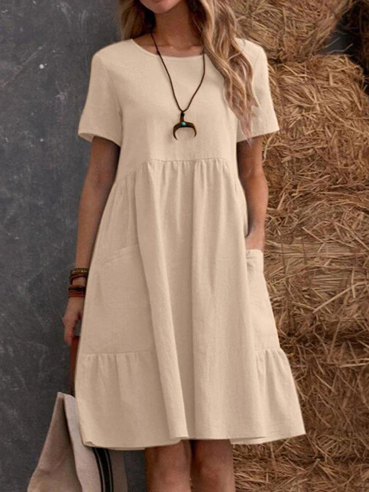 

Ретро Хлопок Лен Свободный Карман Однотонное Круглый Вырез Короткий Рукав Женское Платье S