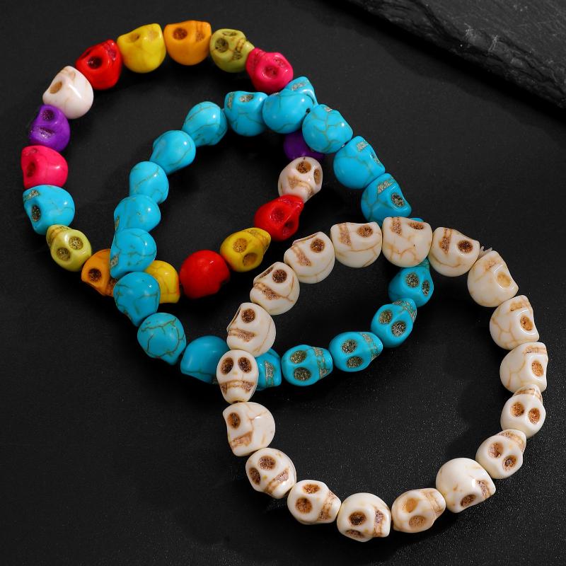 Buntes Gothik Totenkopf Perlenarmband Elastisch Dehnbar Skelett Schmuck Ideales Geschenk für Punk Liebhaber Party Accessoire