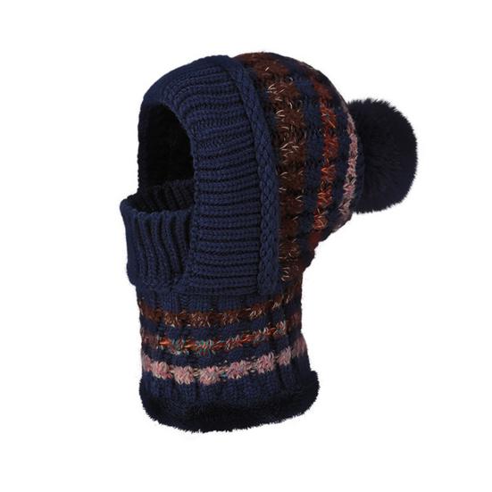 

Жіноча шапка з довгим шарфом Повний захист обличчя Тепла в язана Термофліс Зимова лижна шапка Кольорова клаптева Декор з помпоном Головний убір для холодної погоди темно-синього кольору