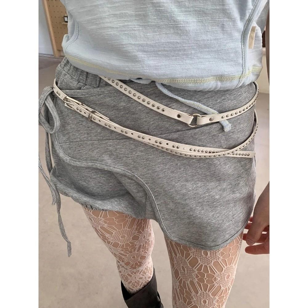 Adjustable PU Leather Waist Belt Extra Long Thin Rivet Eyelet Knotted Belt  Music Festival