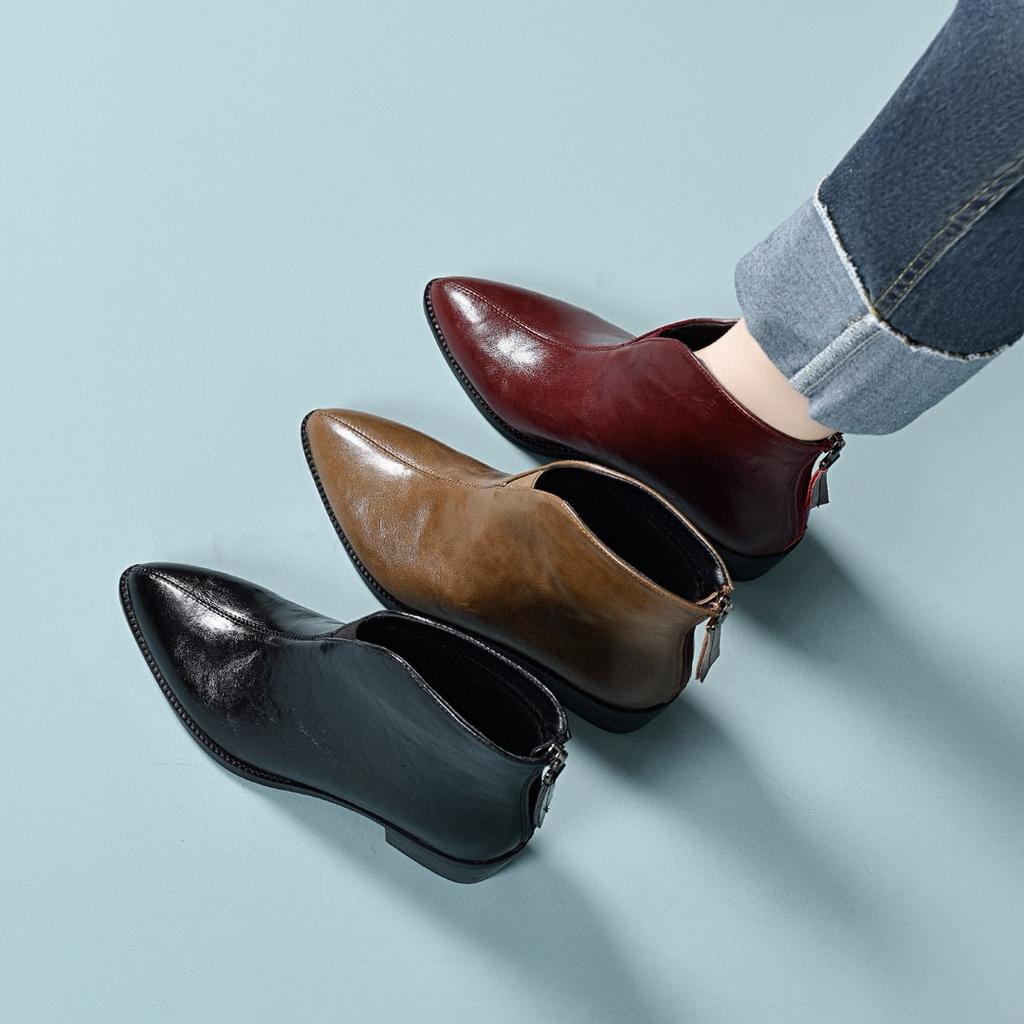 Pointed short boots women's autumn and winter new retro low-heeled rear zipper leather boots simple and thin women's cotton boots