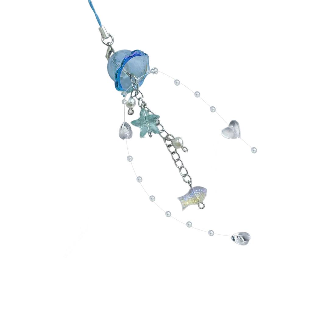 Elegant Jellyfish Inspired Phone Charm Portable Keychain with Crystal Star and Pearls Accents for Phone Accessorizing
