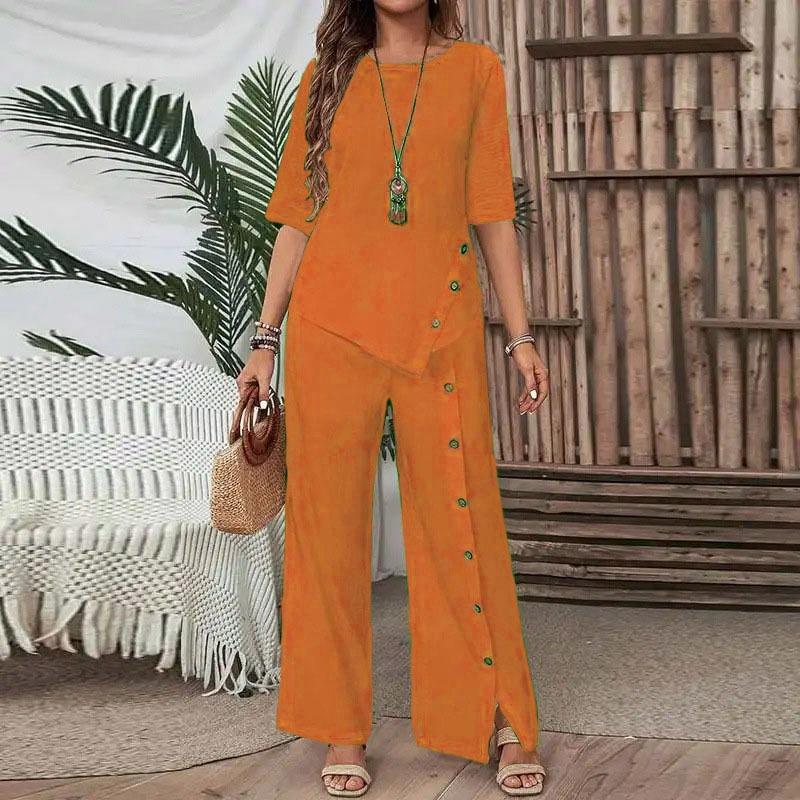 Women's new irregular hem trousers set, elegant fashion casual button loose two-piece set