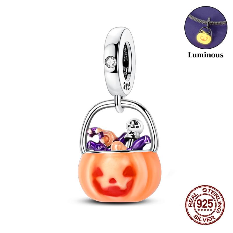 Halloween Charms Bead Copper Luminous Pumpkin Ghost Dangle Fit Bangle Bracelet Necklace Diy Jewelry