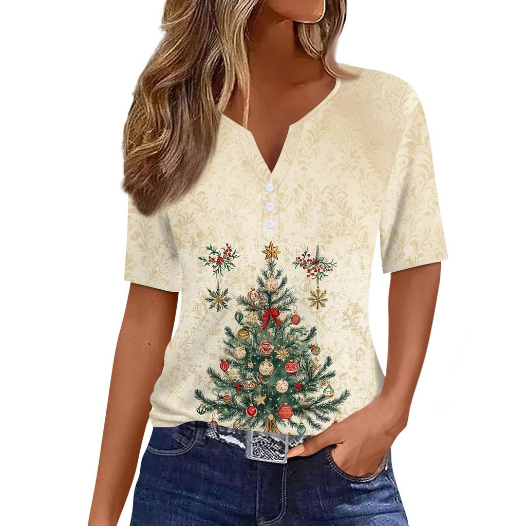 Women's T Shirt Christmas Print Button Short Sleeve Daily Weekend Fashion Basic V- Neck Regular Top
