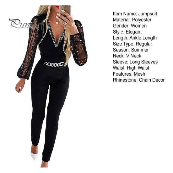 Damen-Overall, Strass, durchsichtiges Mesh-Kettendekor, schmale Passform, V-Ausschnitt, hohe Taille, einfarbig, formeller Pendler-Stil, langer Overall