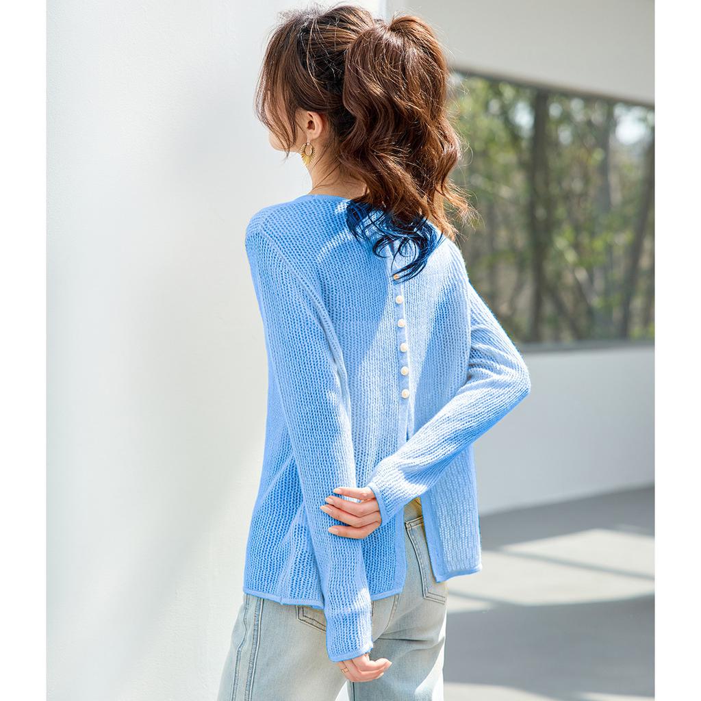26 year new summer outfit hollowed out round neck knitted long sleeved sunshade sweater top simple and high-end women's knitted sweater