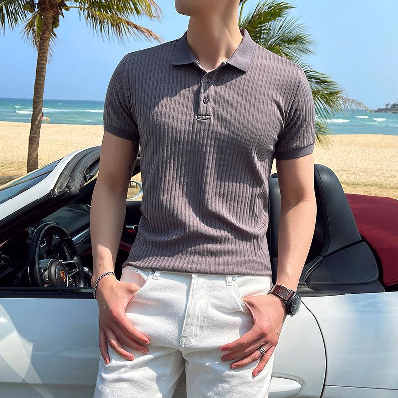 2024 Men's Trendy Striped Ice Silk Polo Shirt - Breathable, Comfortable, Short-Sleeve Lapel Tee for Summer