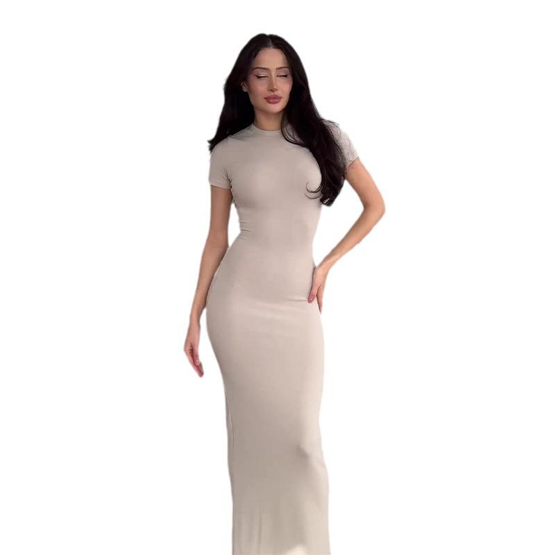 2024 Summer European & American Round Neck Slim Fit Long Dress - Solid Color Hot Girl Style