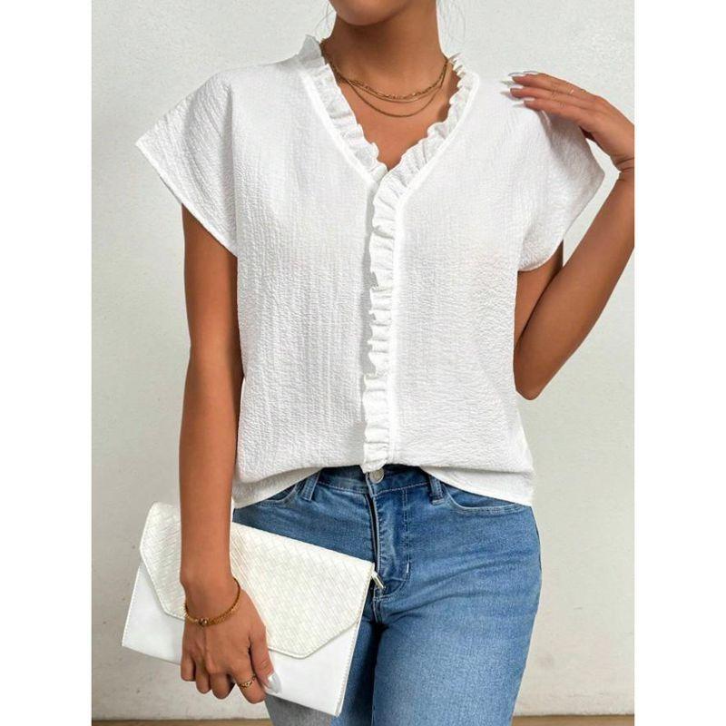 JPNTKY Women's Fashion Casual Solid Color Print V-Neck Short Sleeve Blouses & Shirts