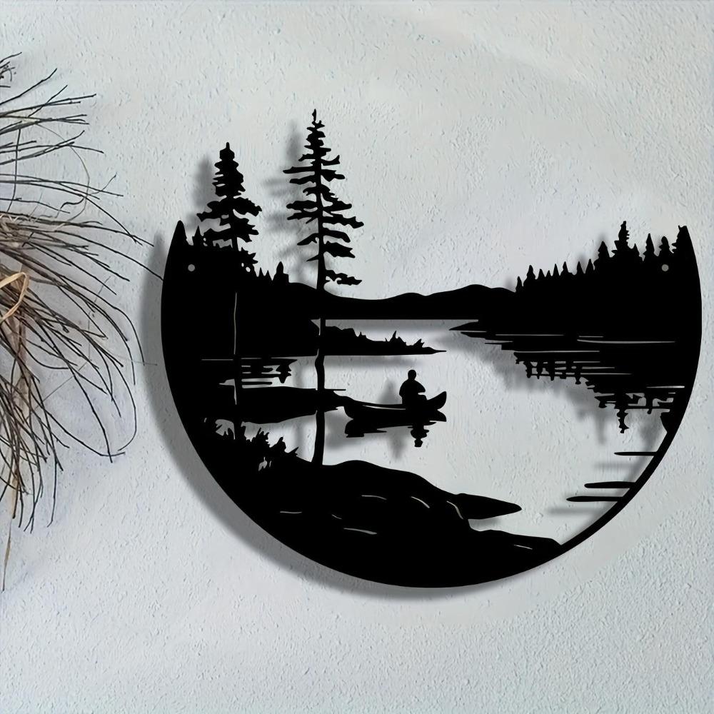 Bohemian Golden Round Iron Wall Art Rustic Lake Figure Metal Decor for Home Courtyard Living Room Balcony