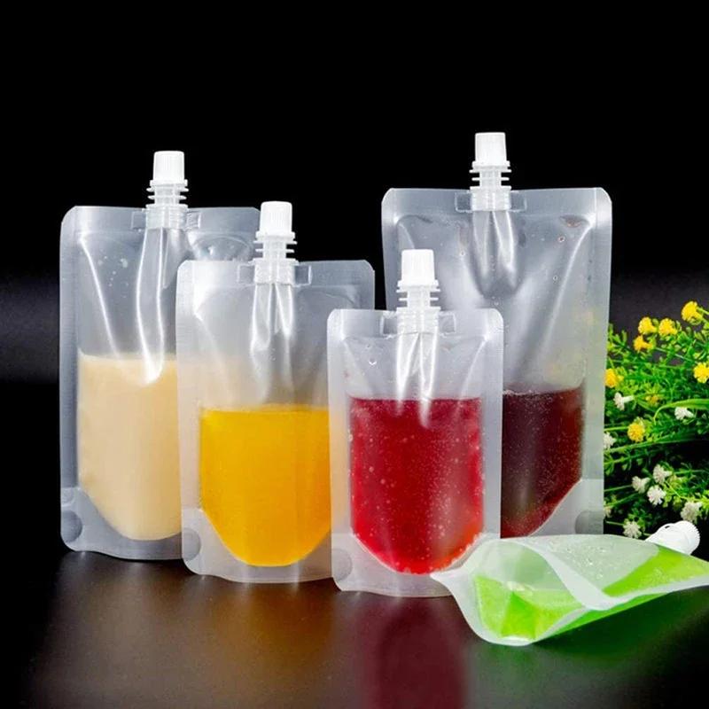 50/100PCS Clear Drink Pouches Packaging Liquid Bag With Nozzle Stand Up Sealed Suction Nozzle Bag Milk Tea Juice Bag Print Logo