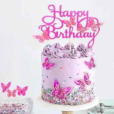 13pcs Hot Pink 3D Butterfly Cake Toppers Cupcake Topper for Girls Women's Happy Birthday Cake Topper Birthday Cake Decoration