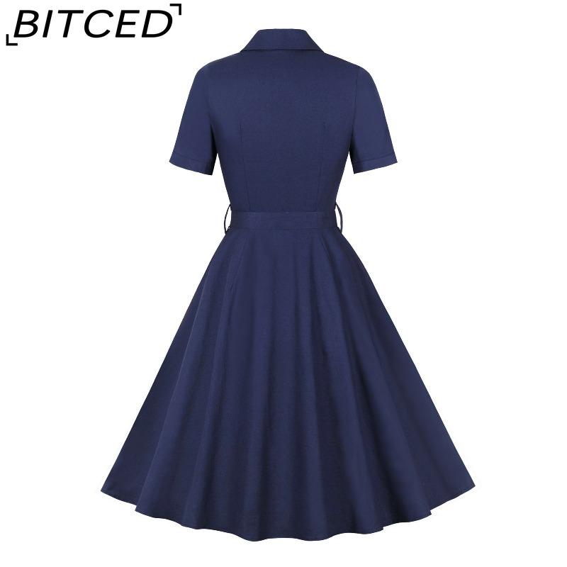 BITCED Women's Single-Breasted Wide-Skirted Retro-Style Waist-Cinched Solid-Colour Dress